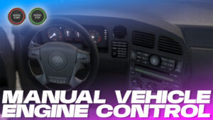 Interior of a car cockpit with a steering wheel and two engine start/stop buttons (red start, green stop).