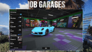 Blue convertible sports car in a neon-lit garage showroom with a vertical left-side vehicle list and a DRIVE button below.