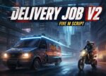 Cover image for a game: a delivery van and a motorcycle rider in a neon-lit futuristic city at night, with the title 'Delivery Job V2'.