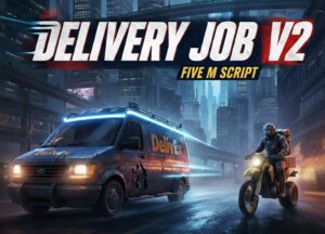 Cover image for a game: a delivery van and a motorcycle rider in a neon-lit futuristic city at night, with the title 'Delivery Job V2'.
