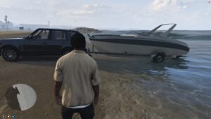 Character on a sandy beach faces a gray speedboat on a trailer hitched to a dark SUV parked near the water