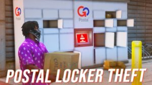 Person in a purple shirt and face mask holds a box beside a GO Postal locker facility; bold 'POSTAL LOCKER THEFT' text overlays the image.